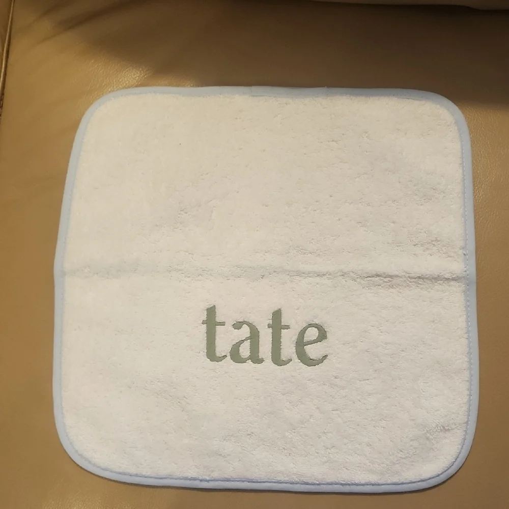 tate Embroidered White Hand Cloth with Light Blue Trim